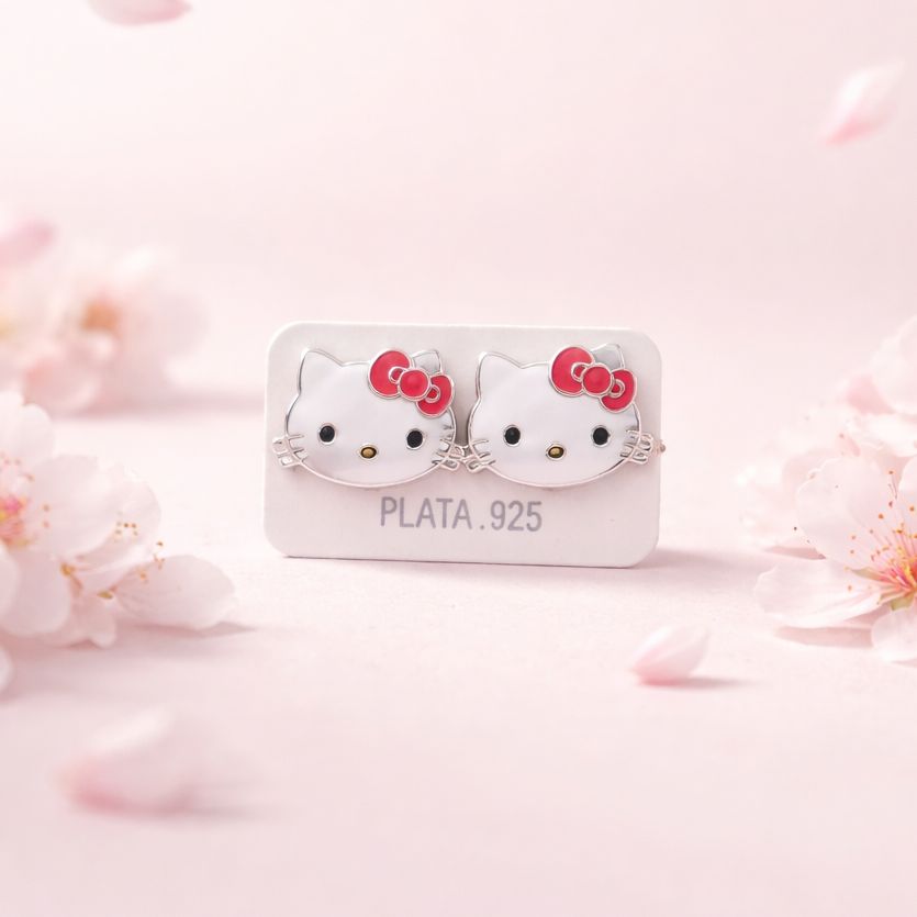 Arete Gatita Rosa Esmaltado Artesanal mide 1.6cm abroche de mariposa  Plata 925 Mexicana 