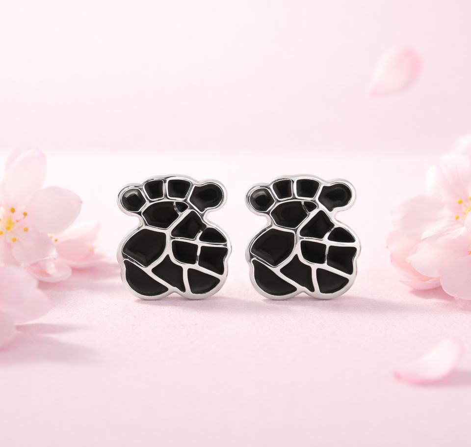 Arete Osito TS Negro Esmaltado Artesanal mide 1.6cm abroche de mariposa  Plata 925 Mexicana