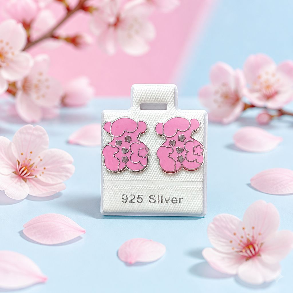 Arete Osito TS Rosa Esmaltado Artesanal mide 1.6cm abroche de mariposa  Plata 925 Mexicana