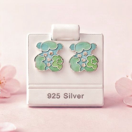 Arete Osito TS Verde Esmaltado Artesanal mide 1.6cm abroche de mariposa  Plata 925 Mexicana