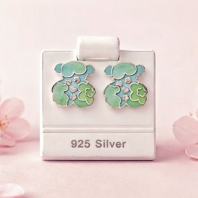 Arete Osito TS Verde Esmaltado Artesanal mide 1.6cm abroche de mariposa  Plata 925 Mexicana
