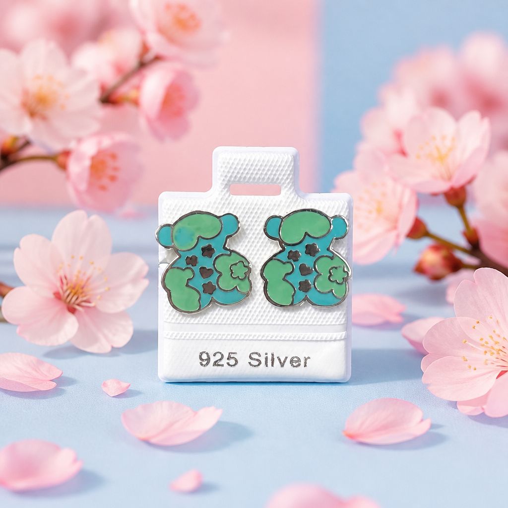 Arete Osito TS Verde Esmaltado Artesanal mide 1.6cm abroche de mariposa  Plata 925 Mexicana