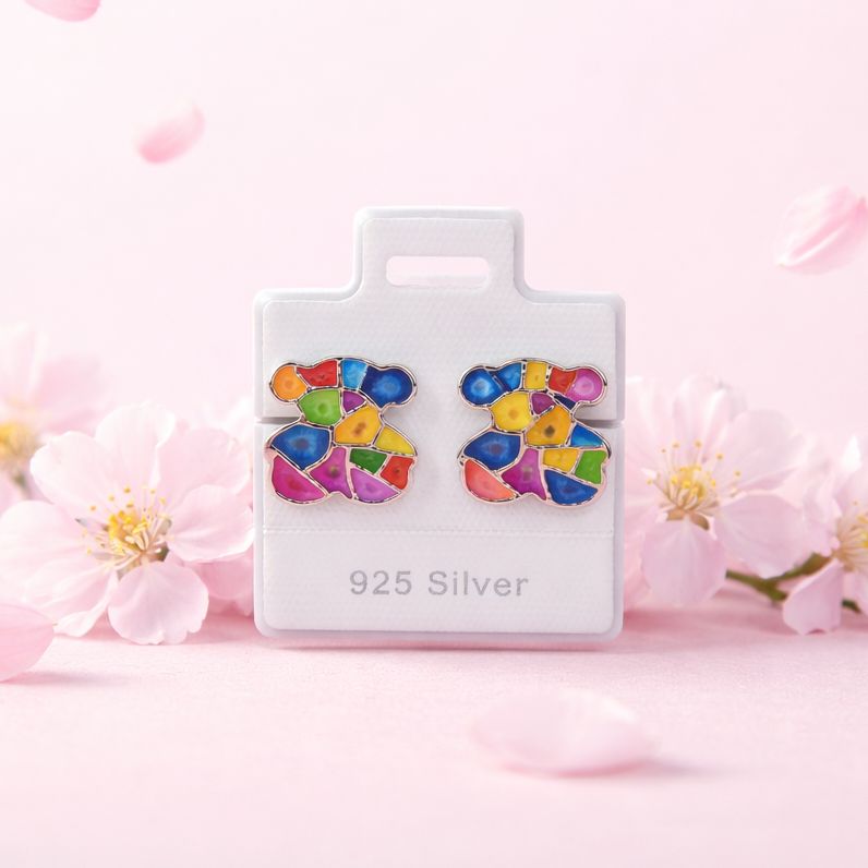 Arete Osito TS Multicolor  Esmaltado Artesanal mide 1.6cm broche de mariposa  Plata 925 Mexicana