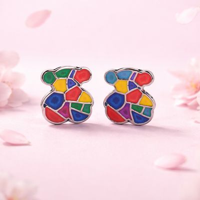 Arete Osito TS Multicolor  Esmaltado Artesanal mide 1.6cm broche de mariposa  Plata 925 Mexicana