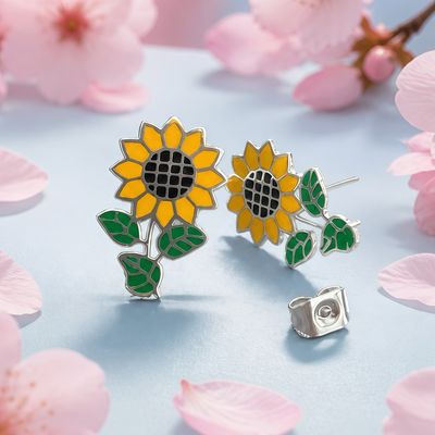 Arete Girasol Amarilla 1.6cm broche de mariposa  Plata 925 Mexicana