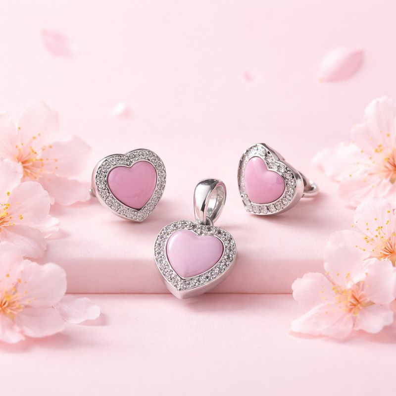 Set Corazones Estilo PNDR Rosa mide 1cm Plata Italiana 925