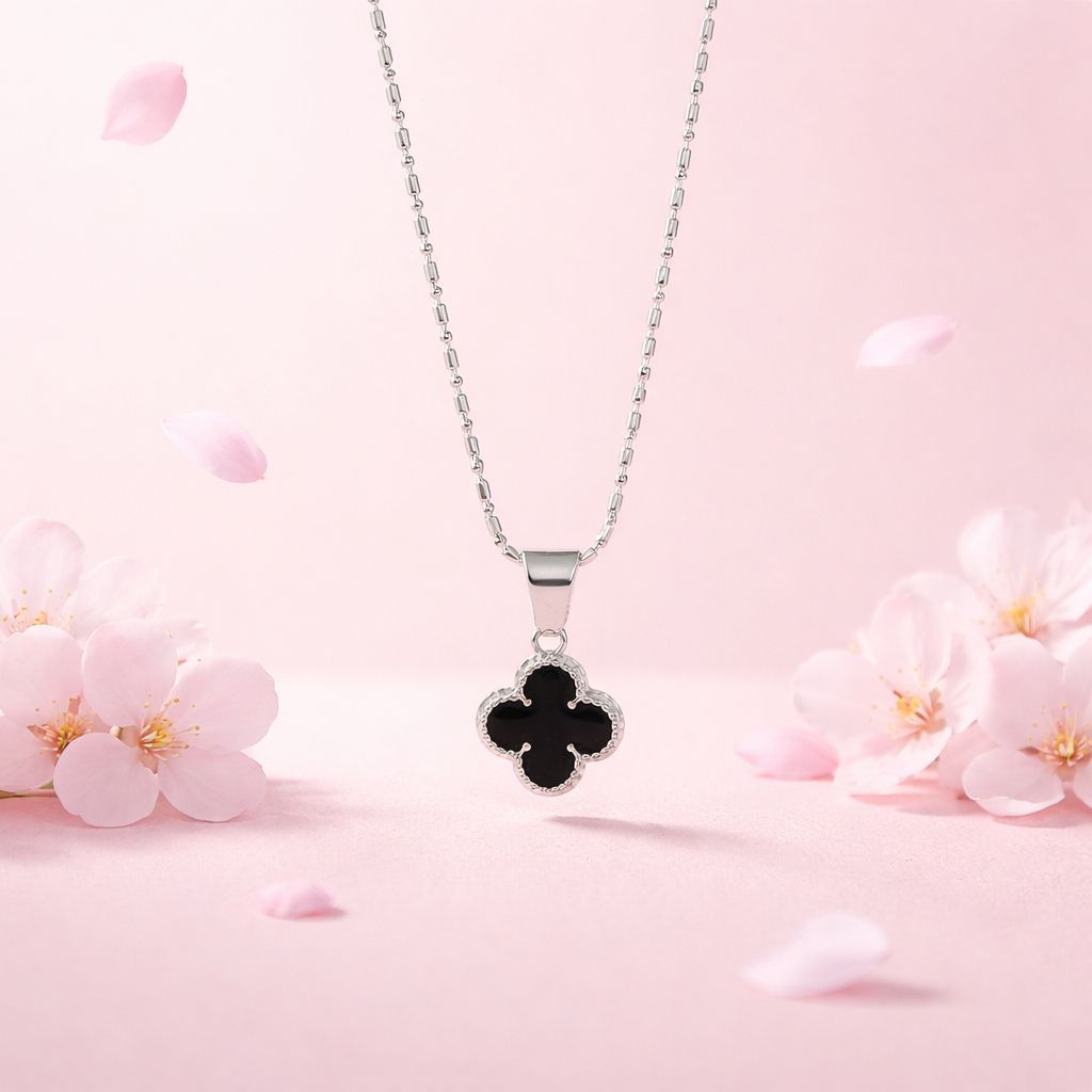 Duo Cadena Y dije Trébol Negro  Esmaltado 18" Plata 925