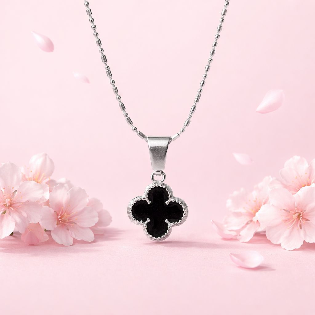 Duo Cadena Y dije Trébol Negro  Esmaltado 20" Plata 925