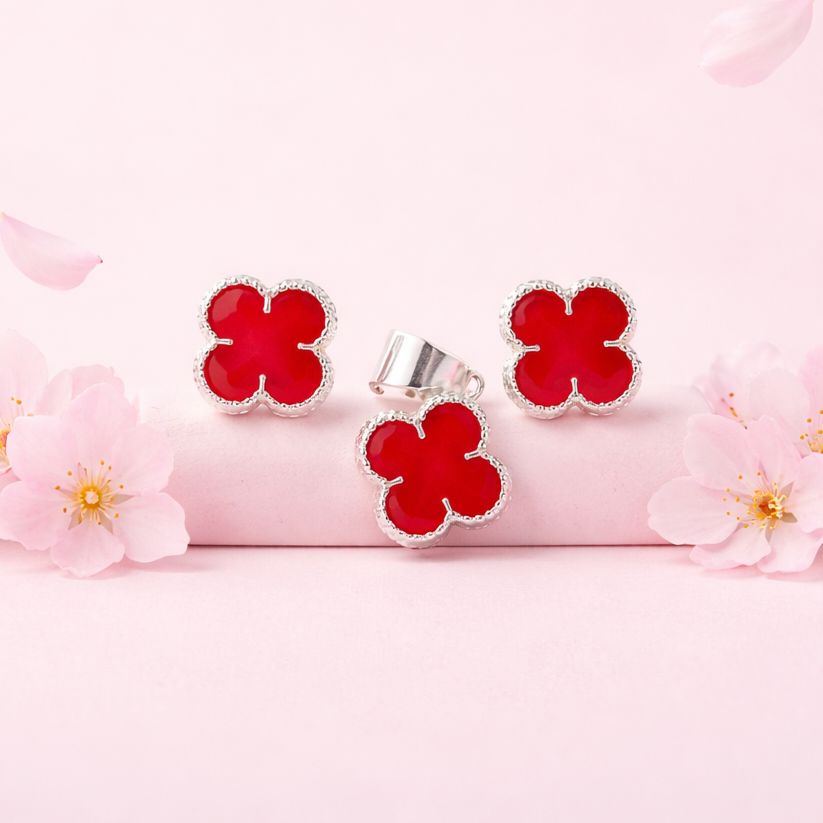 Set Trébol Esmaltado Rojo Plata Mexicana 925