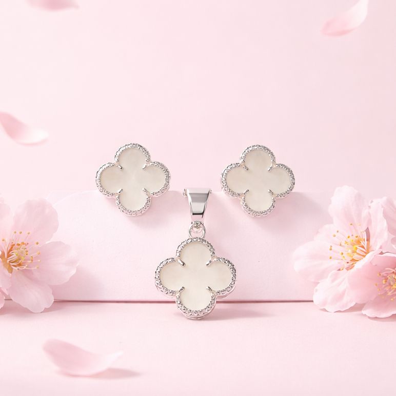 Set Trébol Esmaltado Blanco Plata Mexicana 925