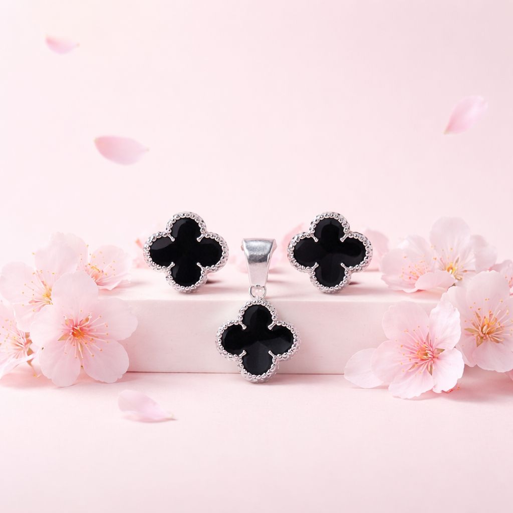 Set Trébol Esmaltado Negro Plata Mexicana 925