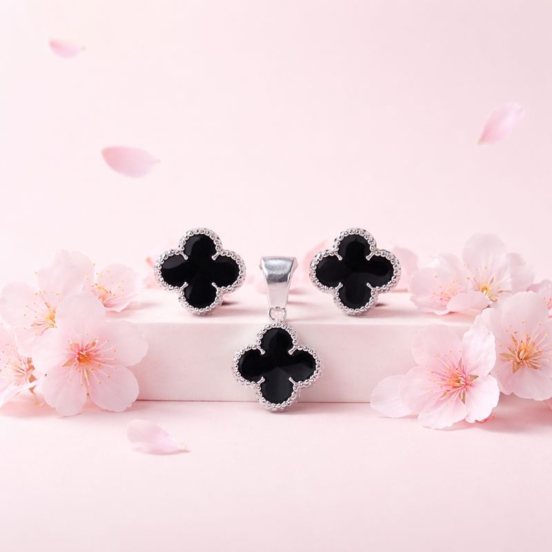 Set Trébol Esmaltado Negro Plata Mexicana 925