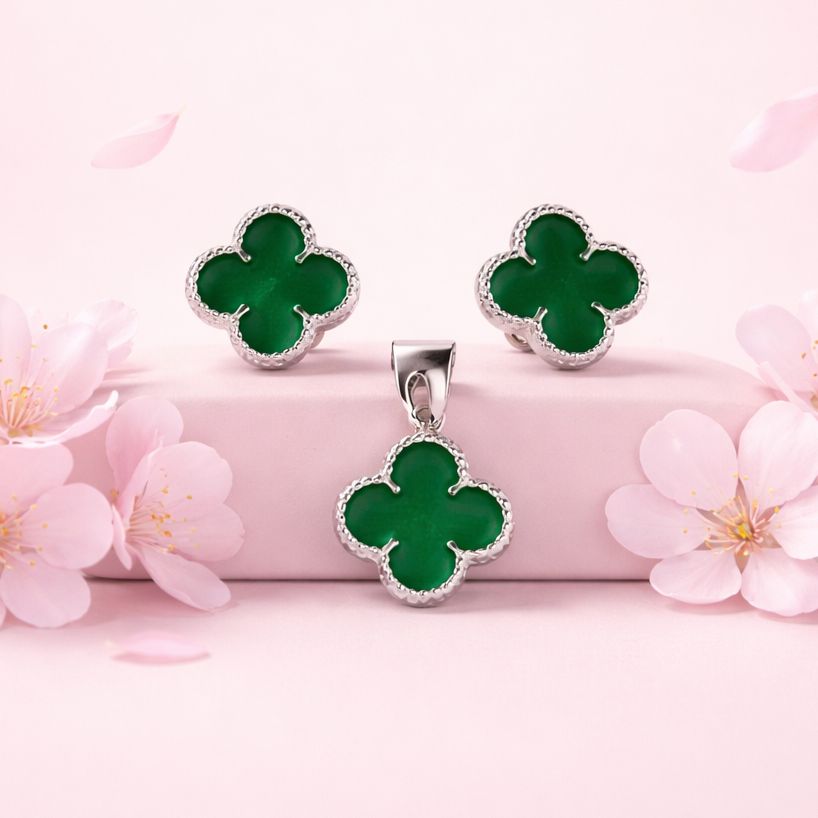 Set Trébol Esmaltado Verde Plata Mexicana 925