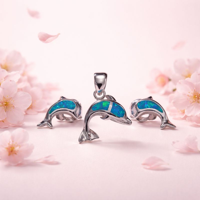Set Opalo Real delfin Azul Plata Italiana 925