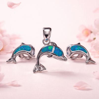 Set Opalo Real delfin Azul Plata Italiana 925