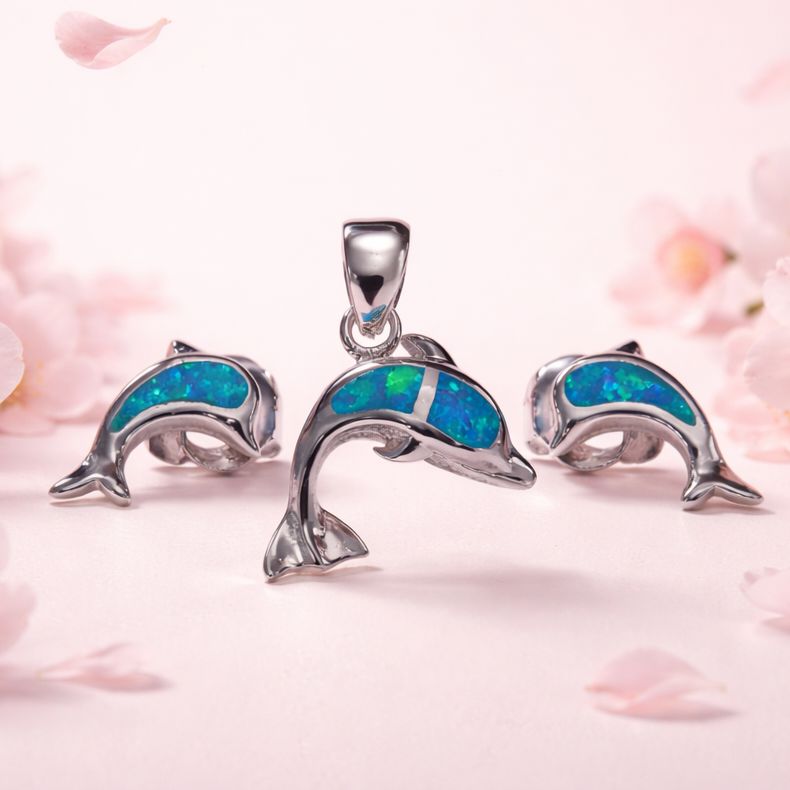 Set Opalo Real delfin Azul Plata Italiana 925
