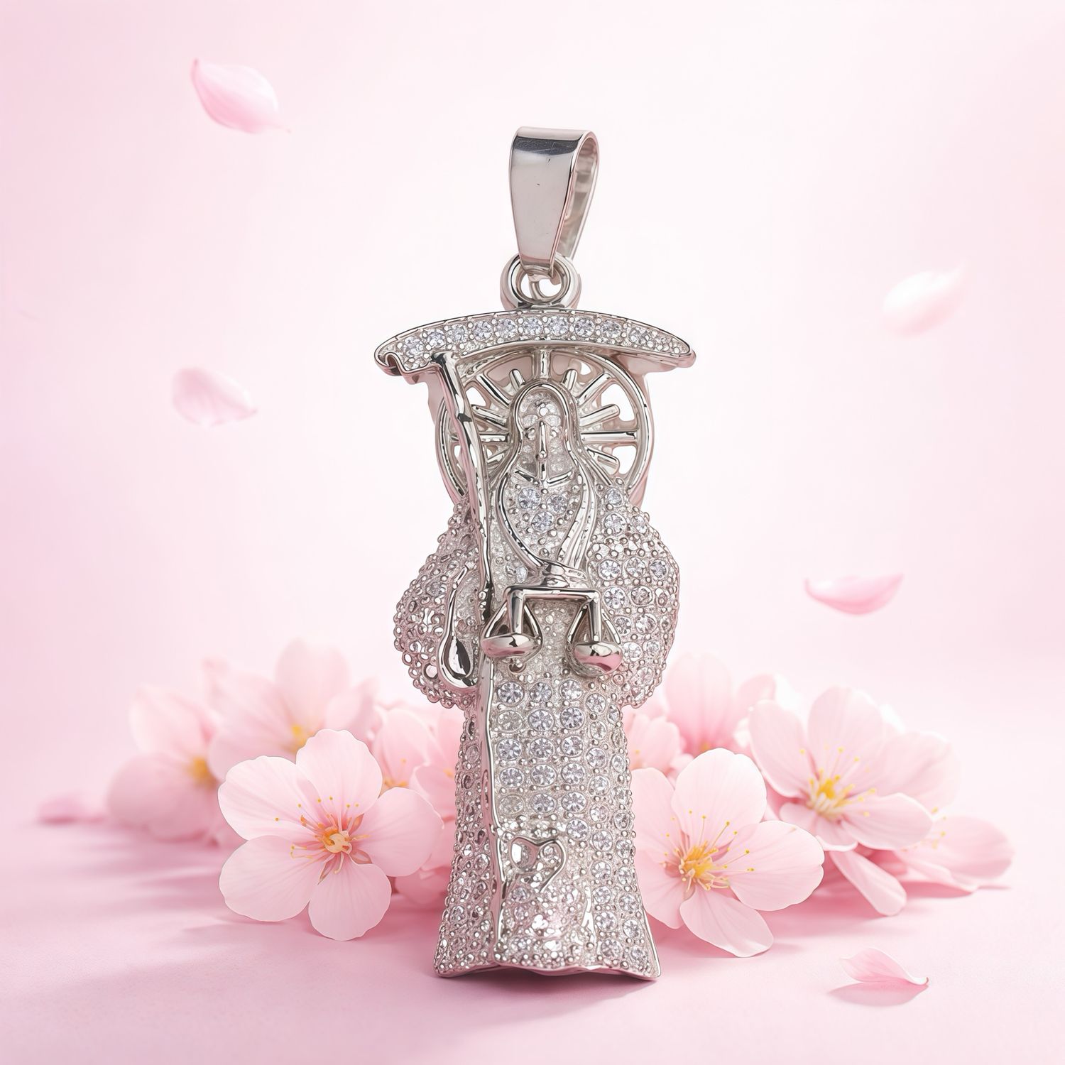 Dije Santa Muerte con Piedreria Blanca mide 6cm Plata Mexicana 925