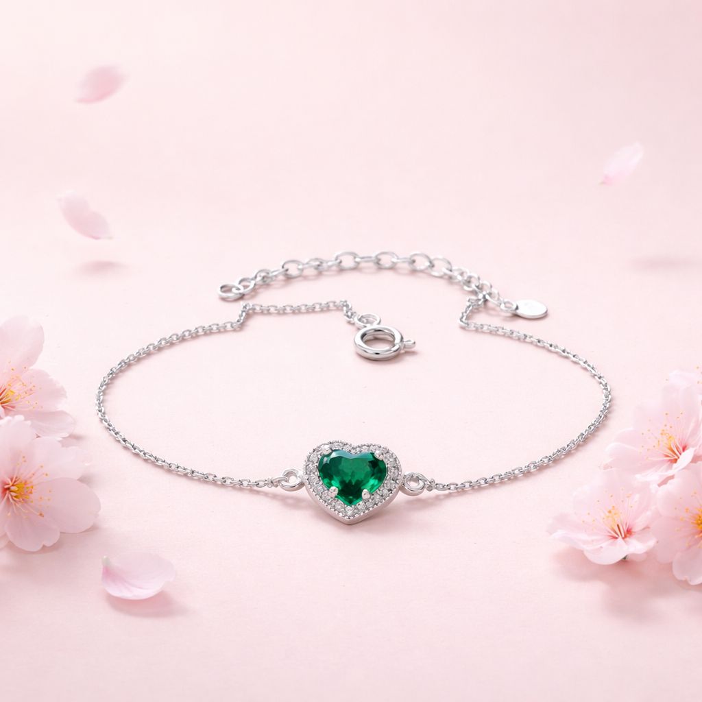 Pulsera PND corazón Verde mide 7-9” con extensión   plata 925 mexicana