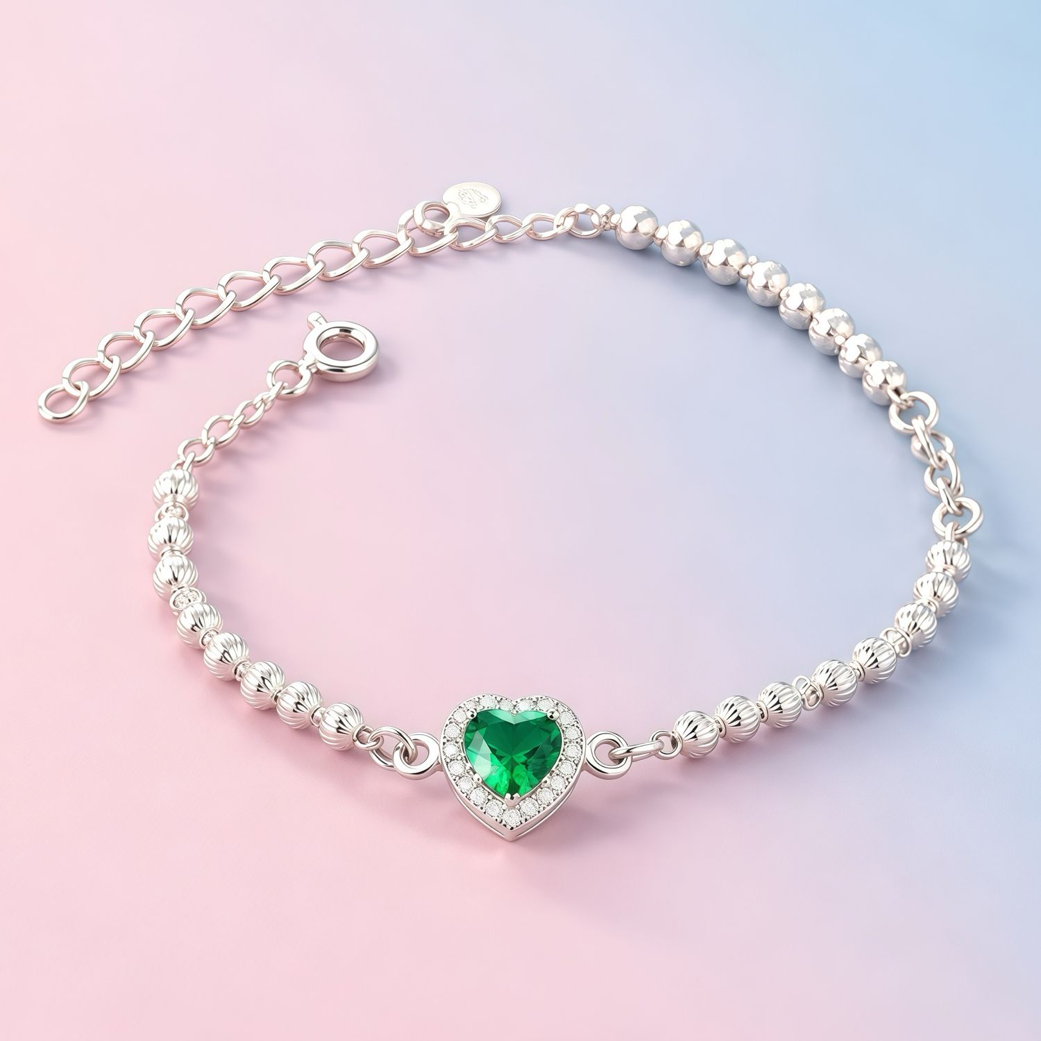 Pulsera PND corazón Verde mide 7-9” con extensión   plata 925 mexicana