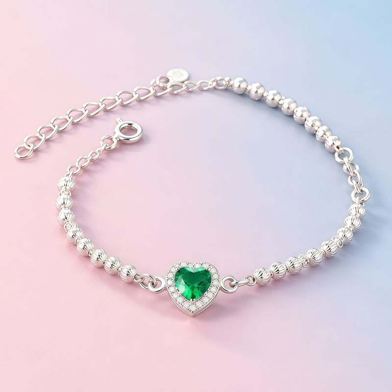 Pulsera PND corazón Verde mide 7-9” con extensión   plata 925 mexicana