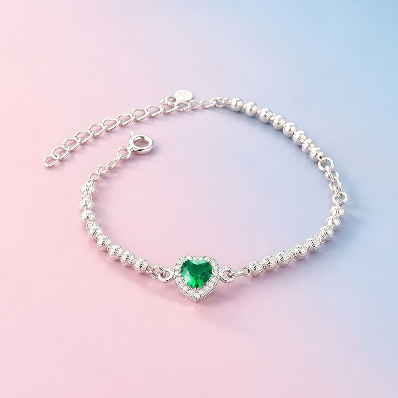 Pulsera PND corazón Verde mide 7-9” con extensión   plata 925 mexicana