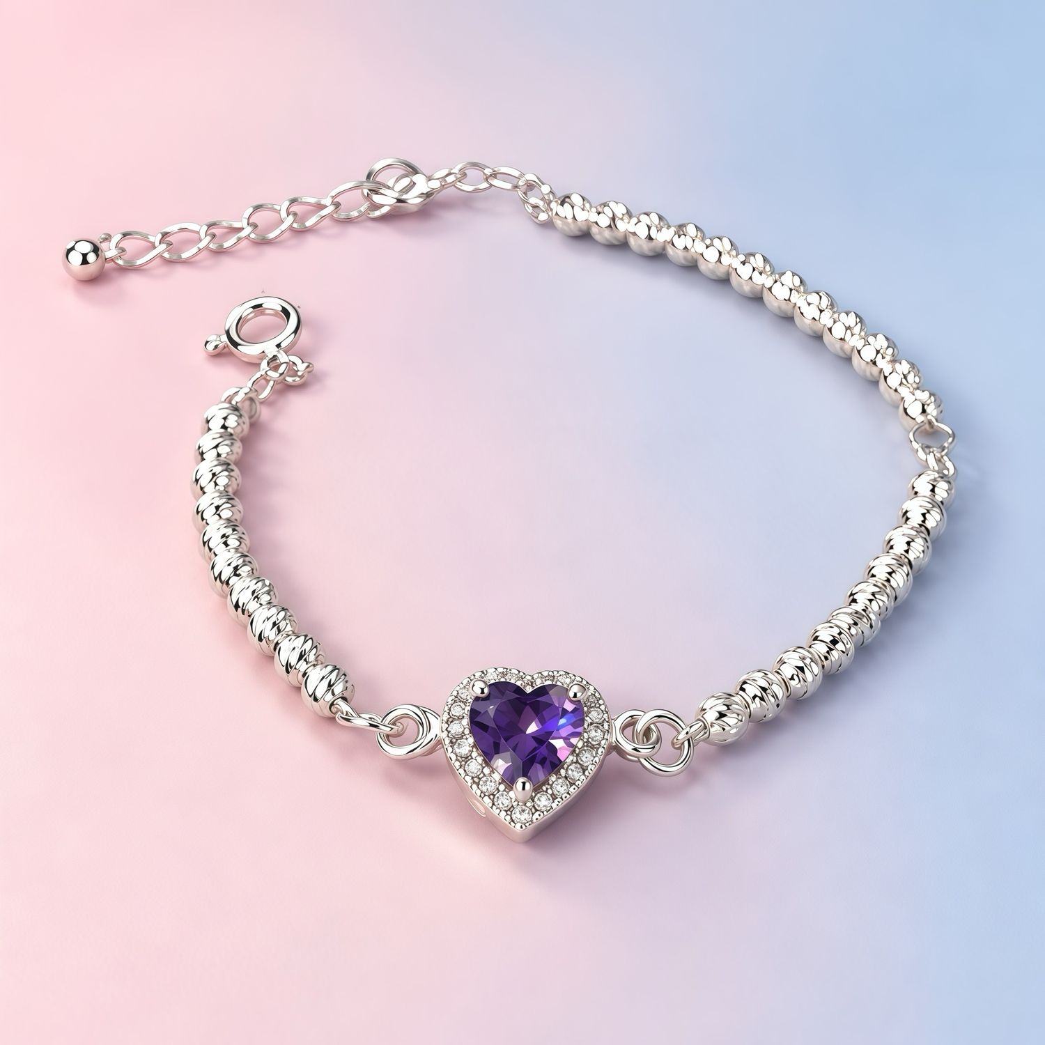 Pulsera PND corazón Morado mide 7-8” con extensión plata 925 mexicana
