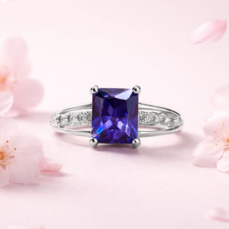 Anillo Solitario Corte princesa Morado Plata 925 Mexicana