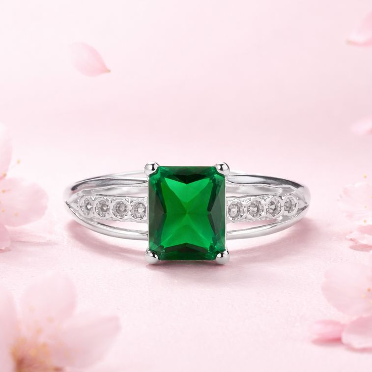 Anillo Solitario Corte Princesa verde Plata 925 Mexicana.