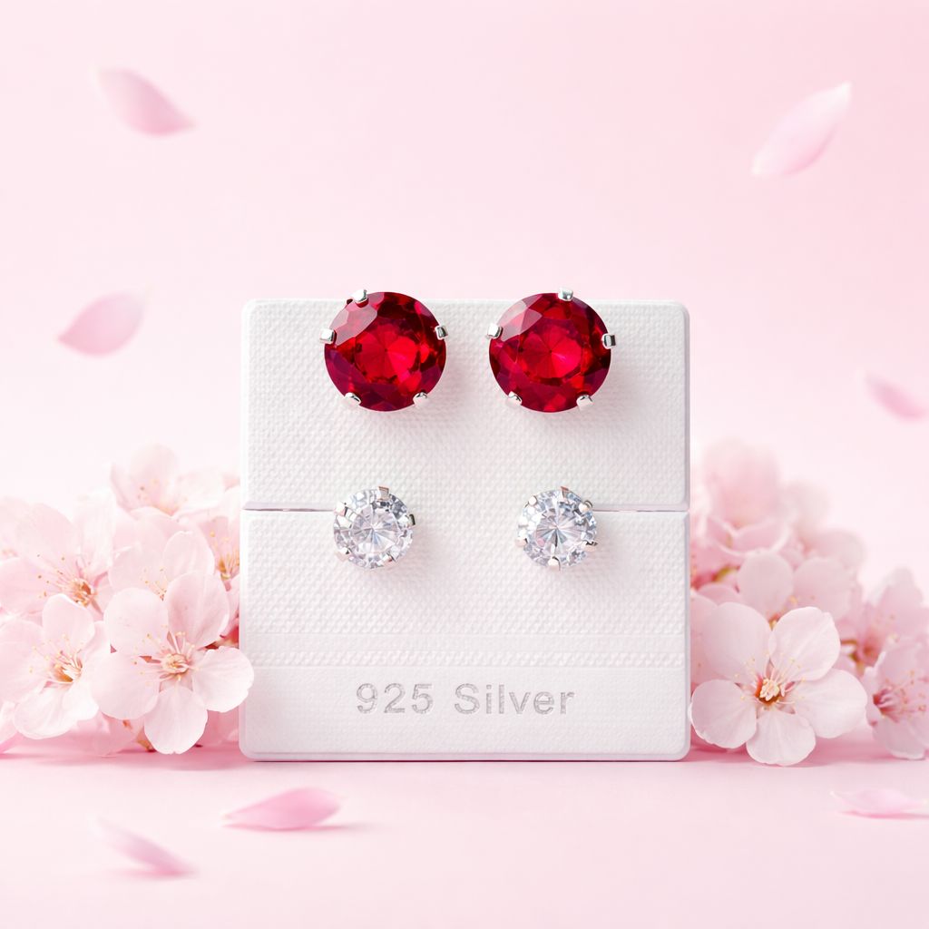 Broquel Curvo Blanco y  Rojo 8MM Plata 925