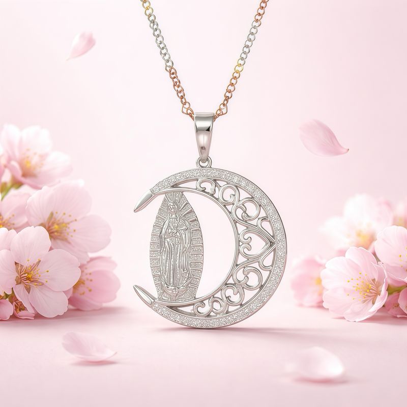 Dúo cadena corazones y virgen Luna en chapa de Oro tres colores Plata 925 