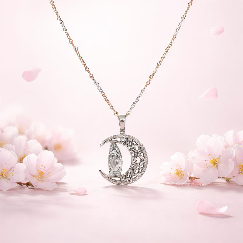 Dúo cadena corazones y virgen Luna en chapa de Oro tres colores Plata 925 