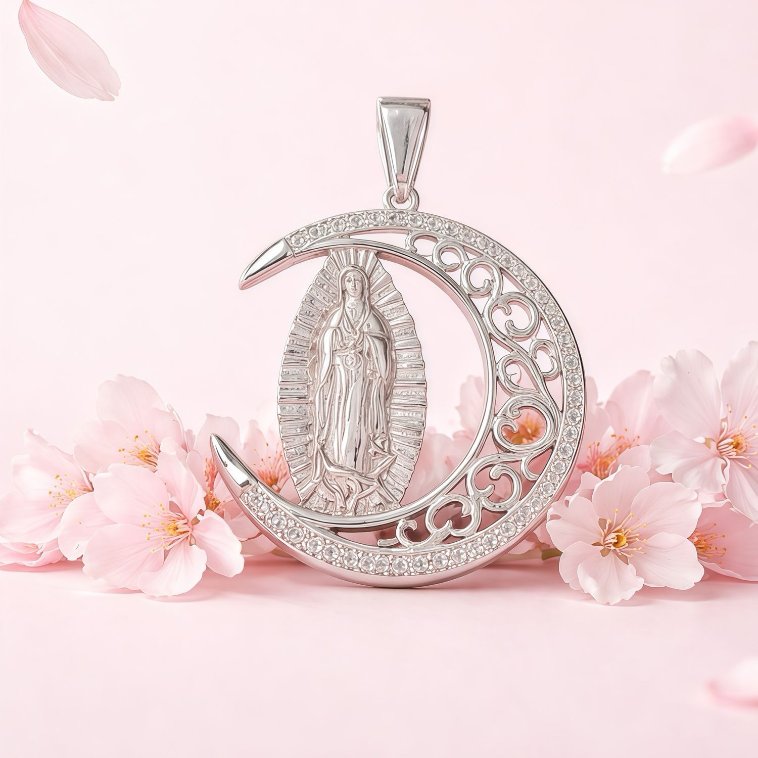 Dije Virgen Luna Mide 1” Pulgada Plata 925 Koreana 