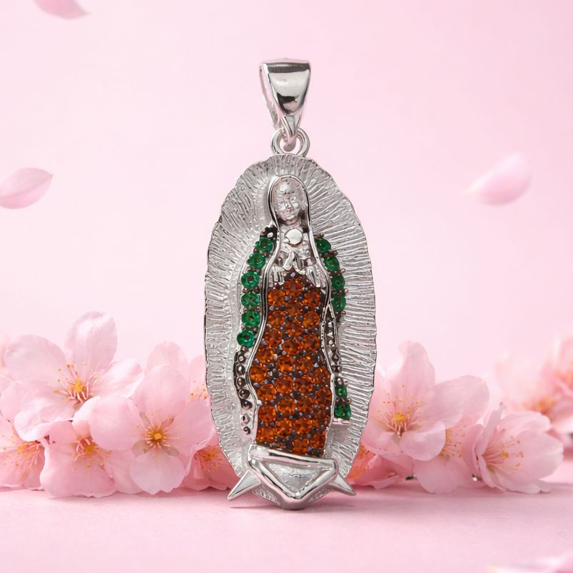mide 3cm Dije Virgen Manto Rojo  Y verde Micropabe Plata 925 Coreana con Rodio