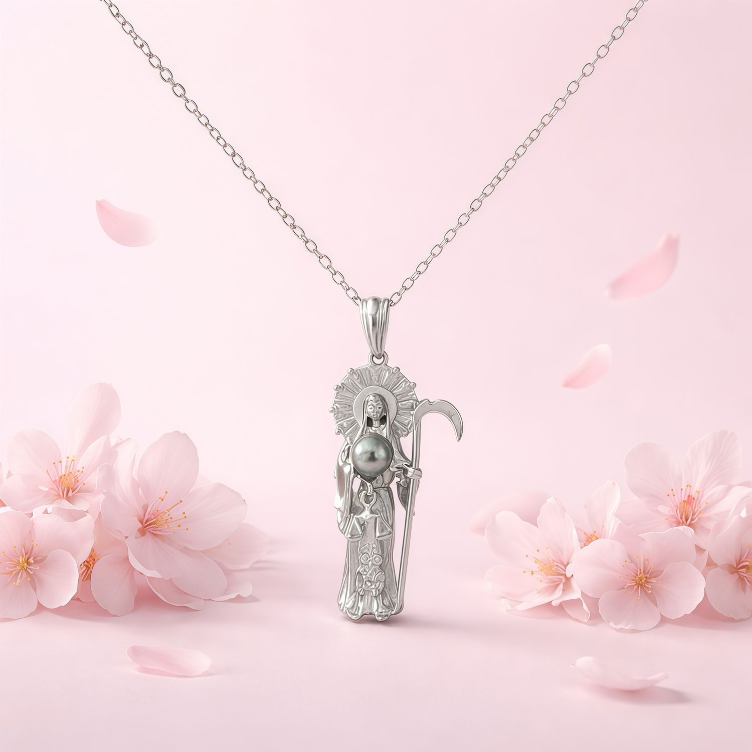 Dúo cadena 20” dije Santa Muerte 3cm Plata 925 Coreana con Rodio 