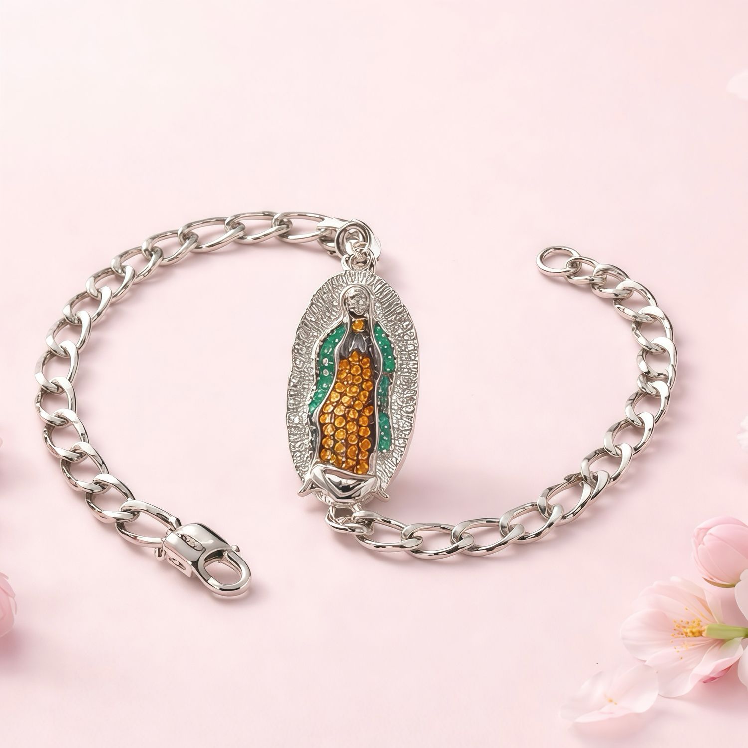 Pulsera Figaro 4mm Con Virgen tres colores mide 7.5" Plata 925 Coreana