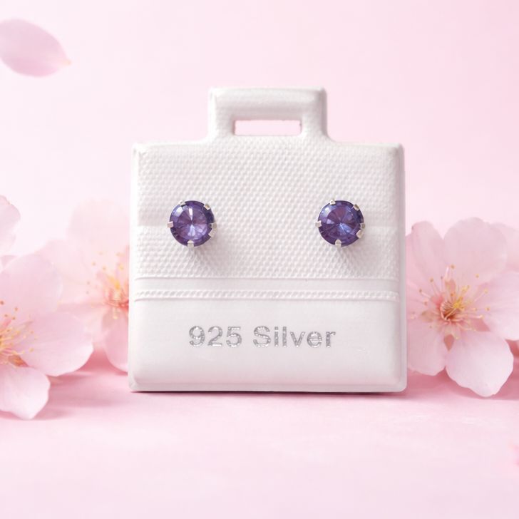 Broquel Cubico Redondo 4MM Morado plata 925 MX Broche de Bolita