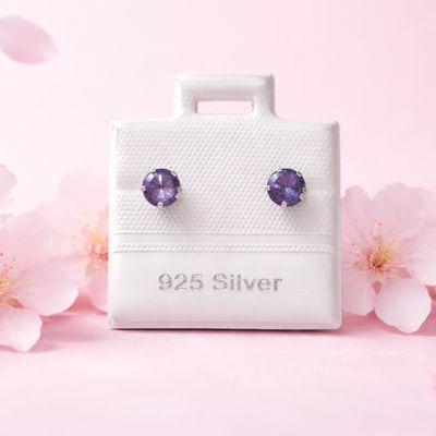 Broquel Cubico Redondo 4MM Morado plata 925 MX Broche de Bolita