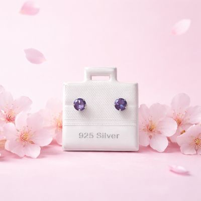 Broquel Cubico Redondo 4MM Morado plata 925 MX Broche de Bolita