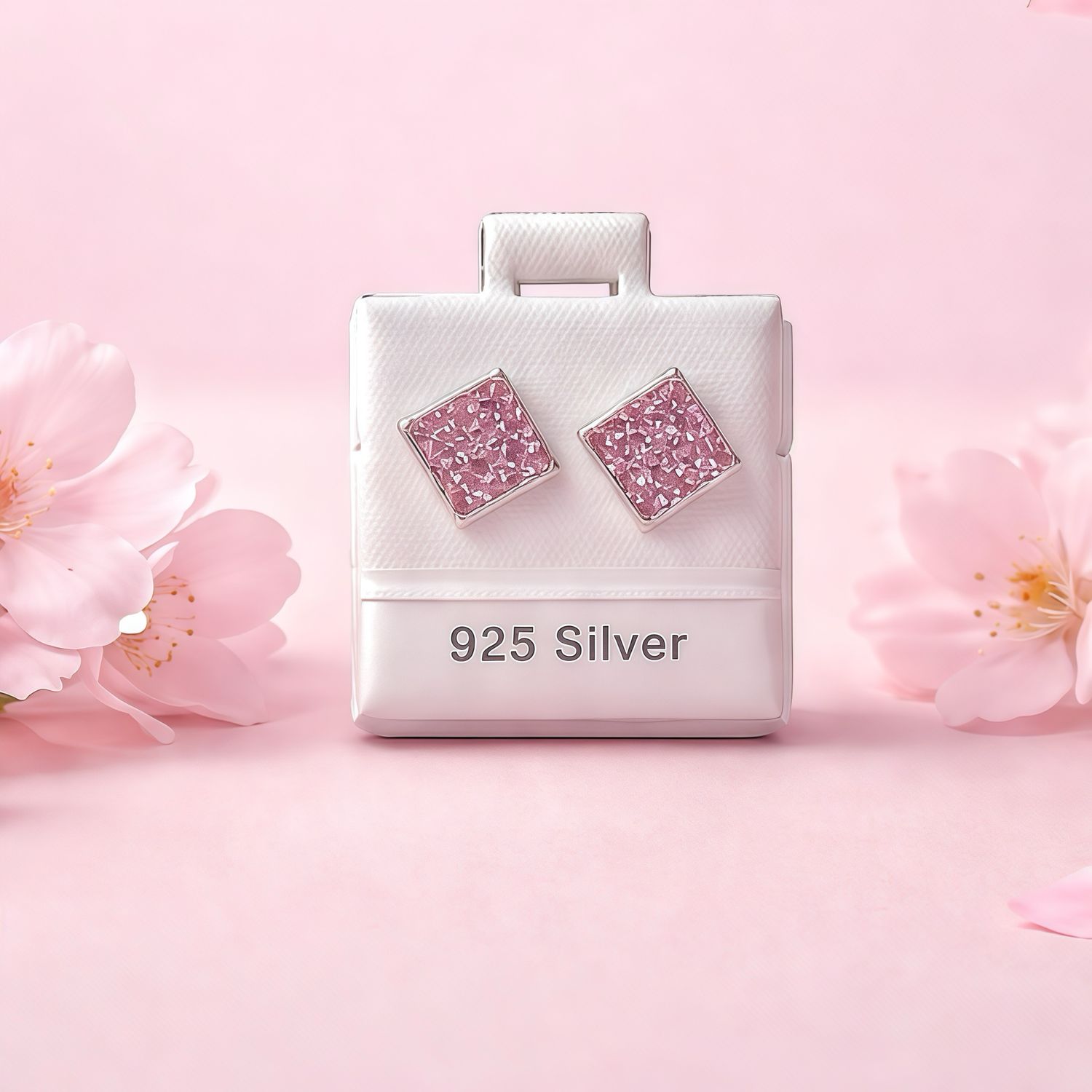 Broquel Pasta Cuadro Cristales Rosas 8mm Plata 925