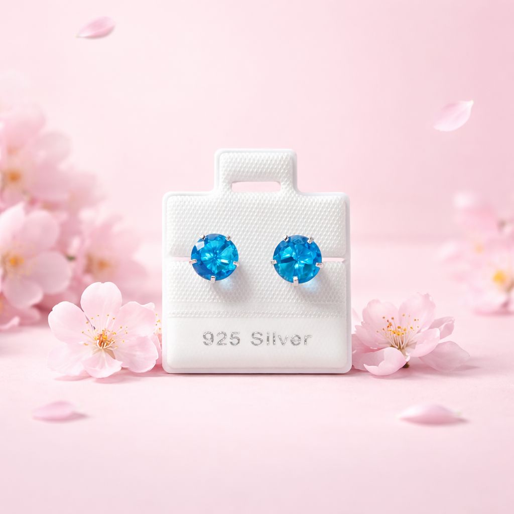 Broquel Cubico Redondo 7MM Aqua Broche de Bolita Plata 925