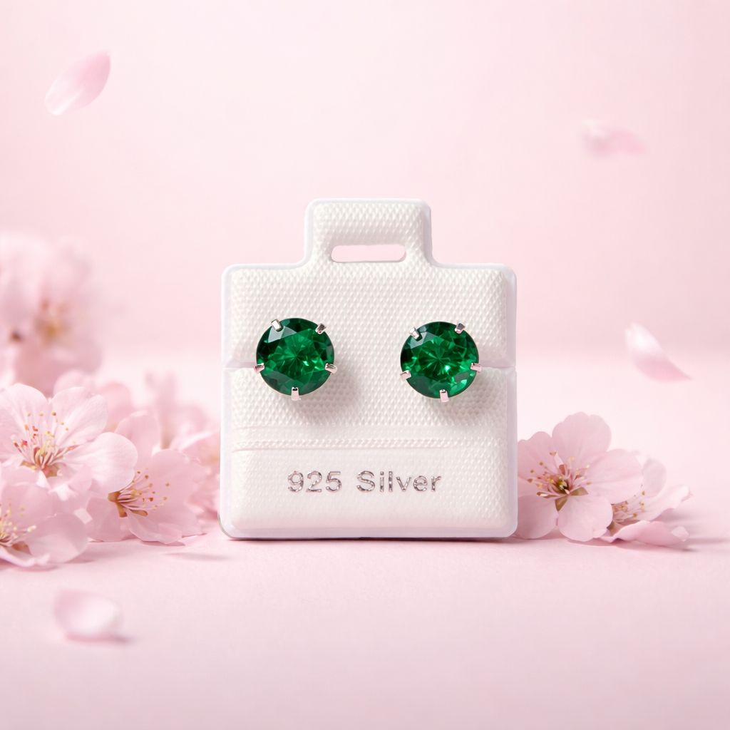 Broquel Cubico Redondo Verde  7MM Plata 925