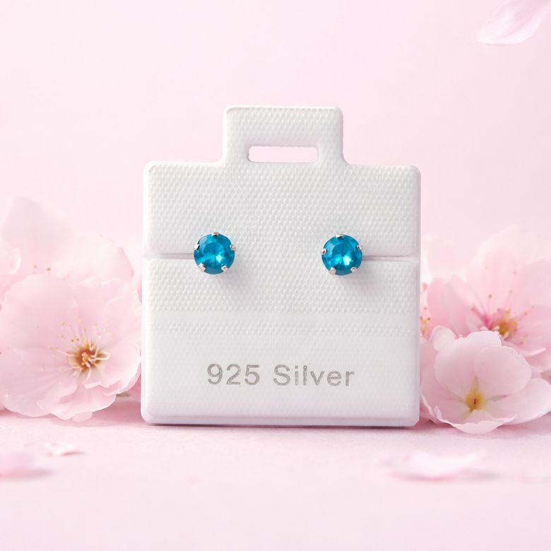 Broquel Cubico Redondo 4MM aqua plata 925 MX Broche de Bolita