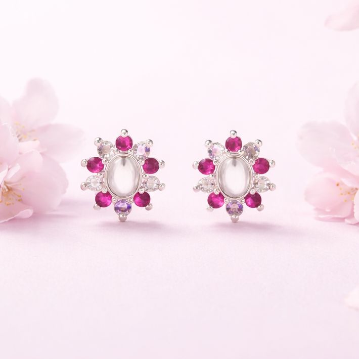 Broquel Premium Roseta Blanca y Roja  plata 925 Broche de Bolita