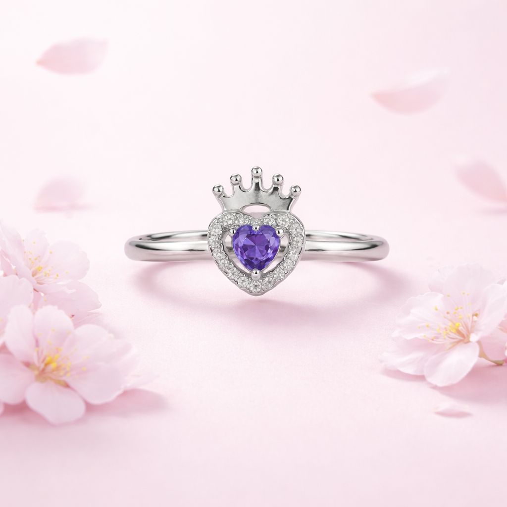 Anillo Corazon Reyna ZC Morado  #7 Plata Italiana 925