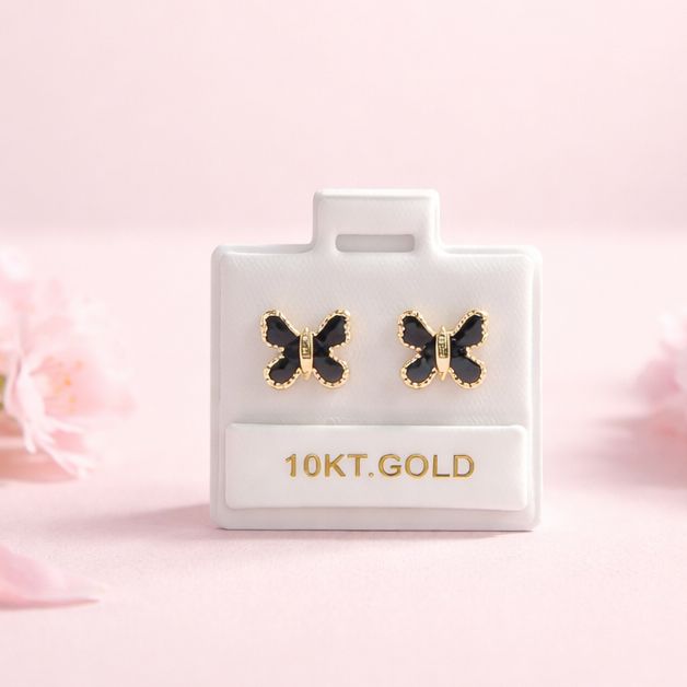 Broquel Mariposa Esmalte Negro mide 9mm Oro 10K