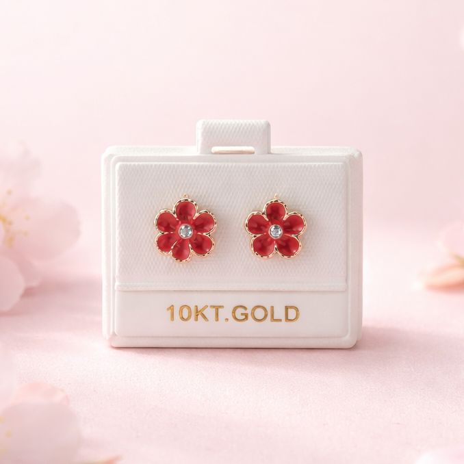 Broquel Flor Esmalte Rojo 8.5mm Oro 10K