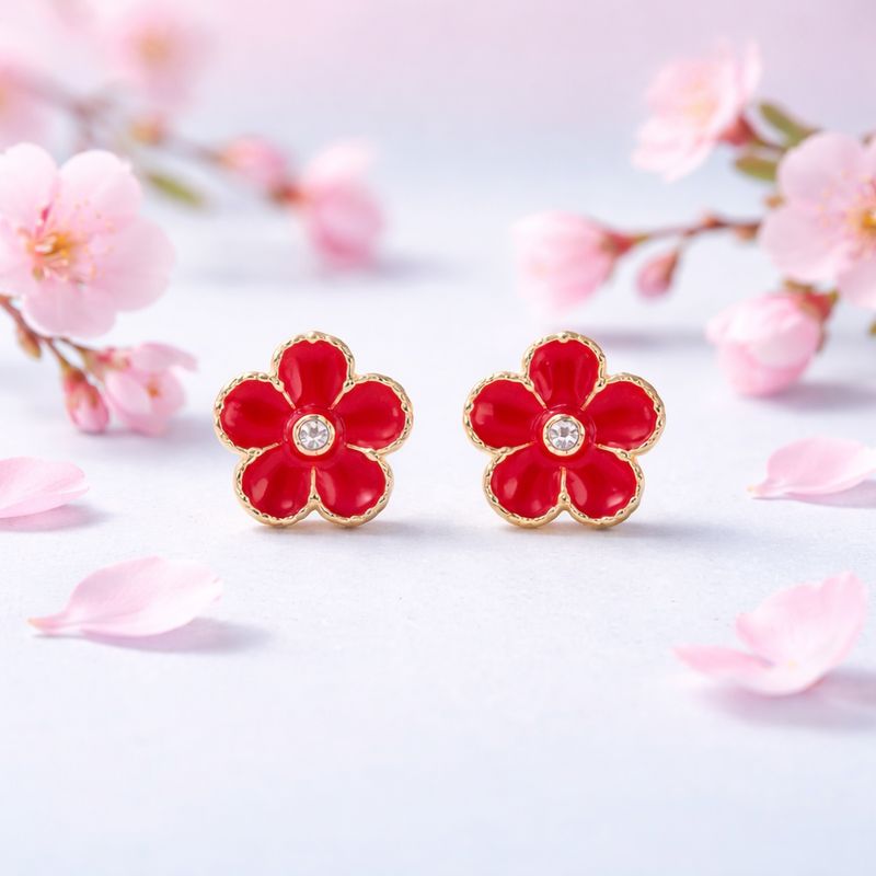 Broquel Flor Esmalte Rojo 8.5mm Oro 10K