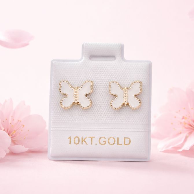 Broquel Mariposa Esmalte Blanca mide 9mm Oro 10K