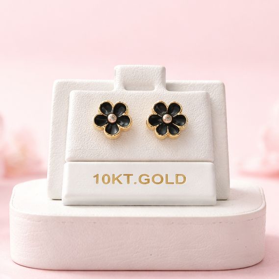 Broquel Flor Esmalte Negro 8.5mm Oro 10K