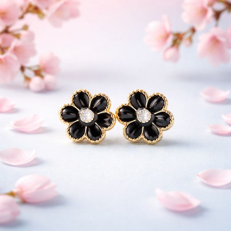 Broquel Flor Esmalte Negro 8.5mm Oro 10K